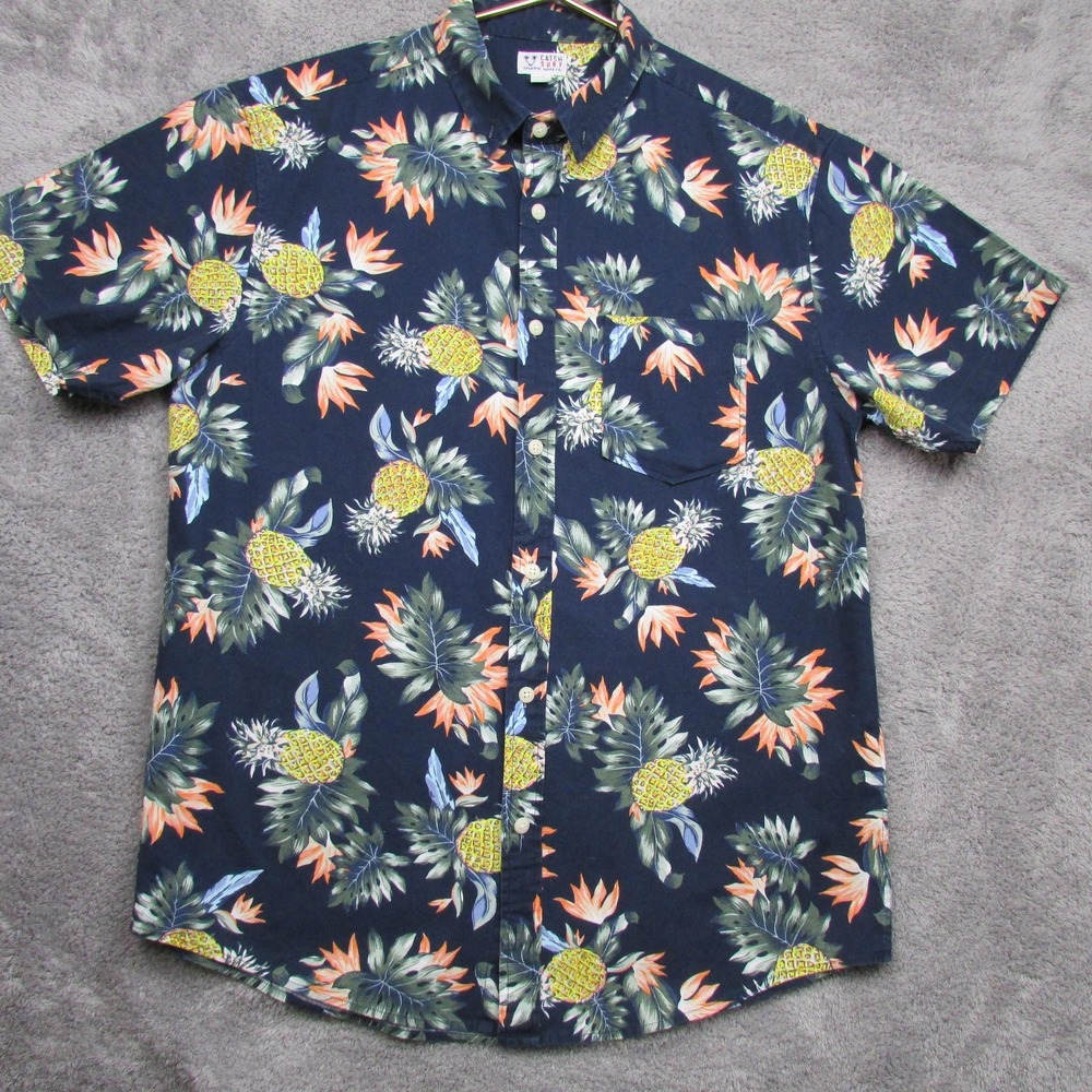 Catch Surf Shirt‎ Mens Medium Blue Pineapple Hawaiian Short Sleeve Button Front